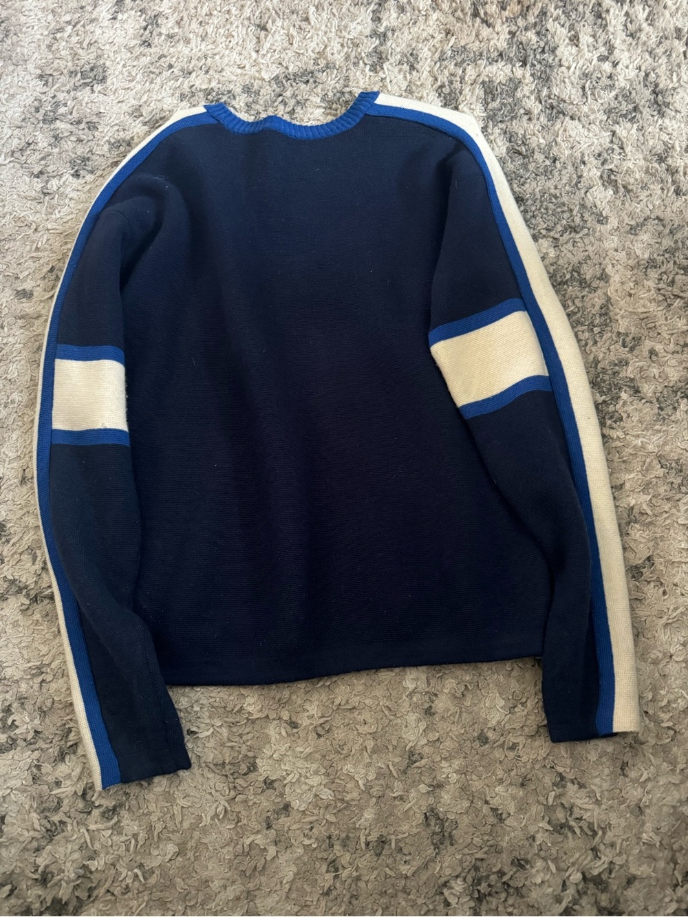 Vintage GAP 100 % merino wool Navy Crewneck Sweater with Blue and Cream Stripes - Picture 2 of 5